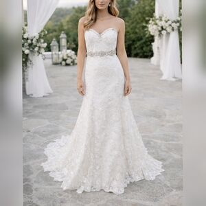 Unbranded White Fit n' Flare Rhinestone Belt Sweetheart Lace Wedding Dress sz 14
